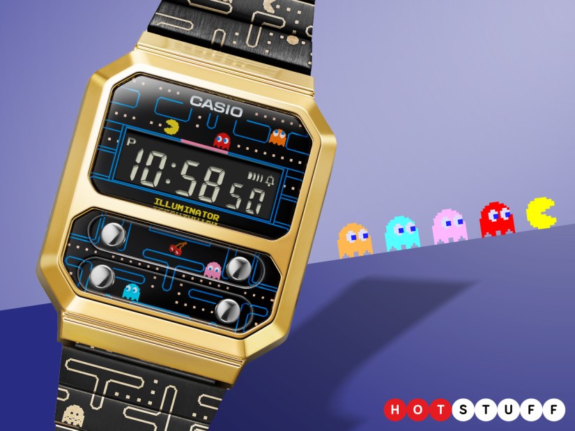 Get a double helping of retro bling with Casio’s gold-plated A100 digital watch featuring Pac-Man
