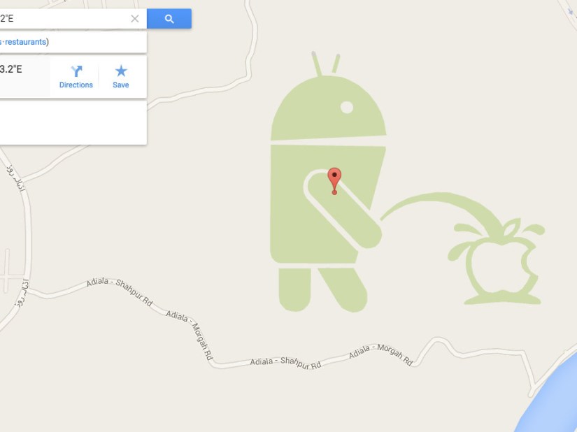 Yes, there really is a giant Android robot urinating on the Apple logo in Google Maps