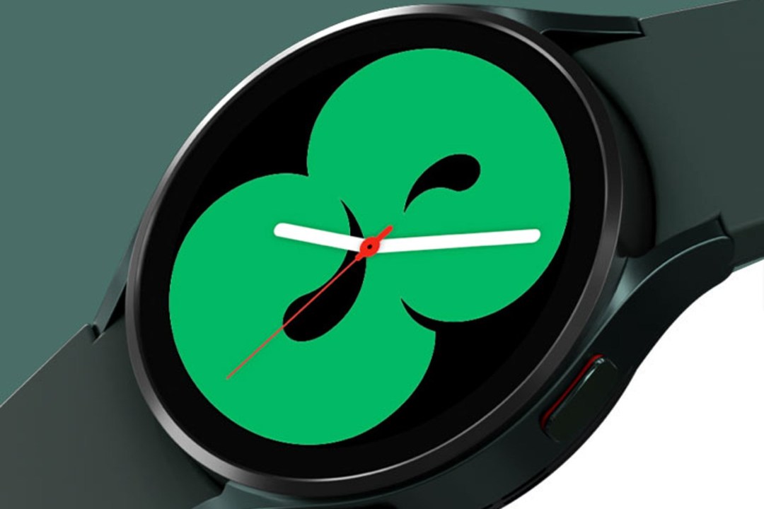 A render of the Samsung Galaxy Watch 4 against a green and white background