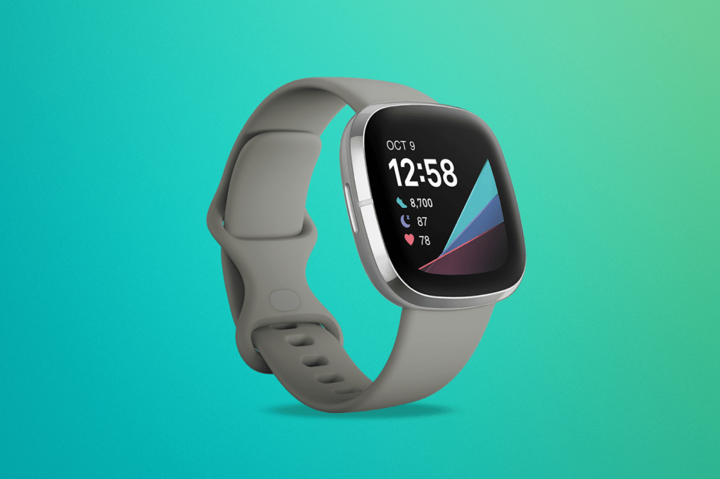 Fitbit Sense 2 against a green/blue background