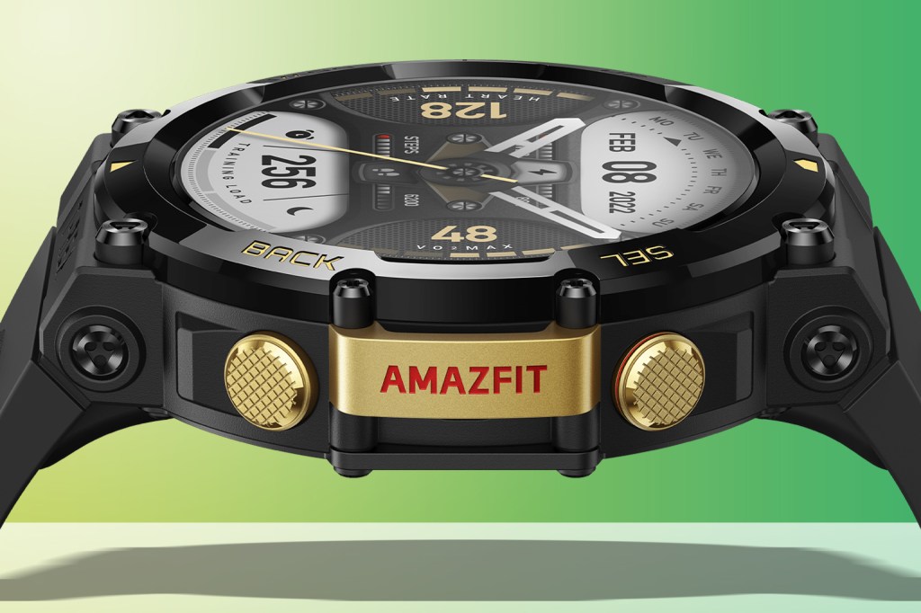 Amazfit T-Rex 2 smartwatch side angle on green background