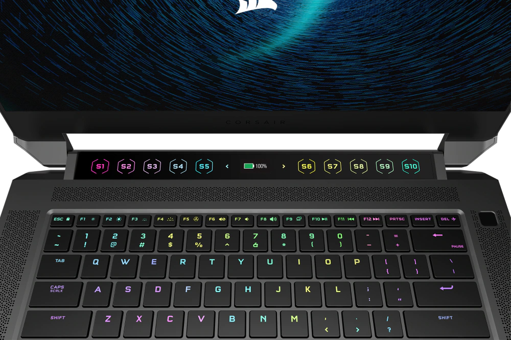 Corsair Voyager a1600 Hot Stuff laptop keyboard tray close-up