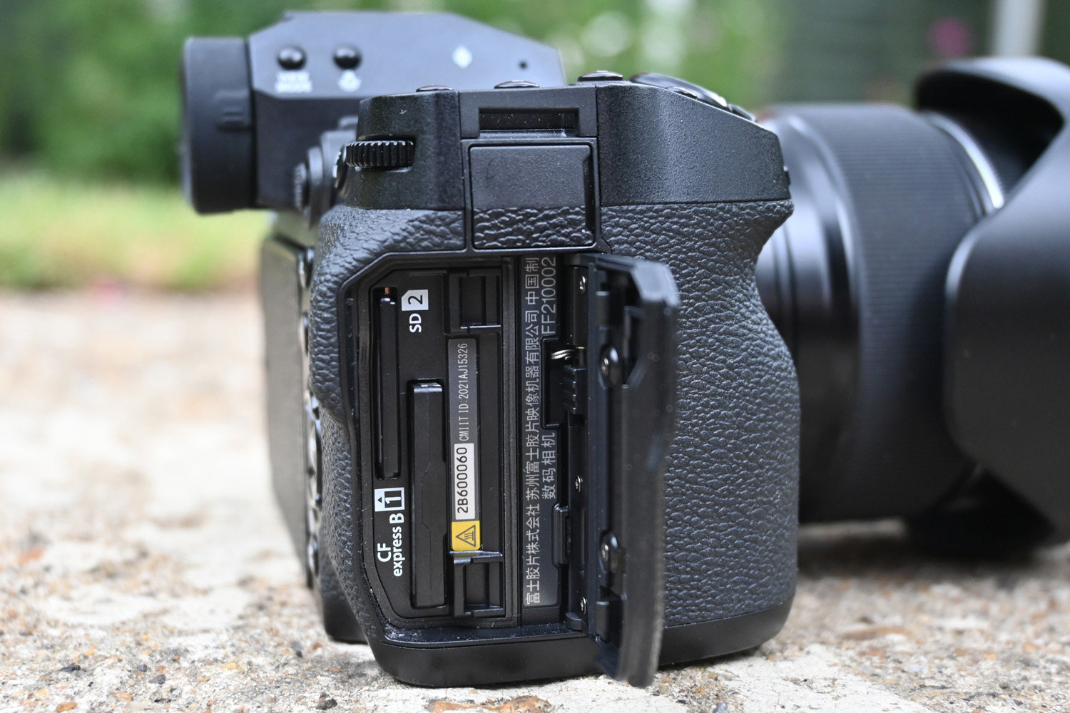 Fuji X-H2S digital system camera card slots close up
