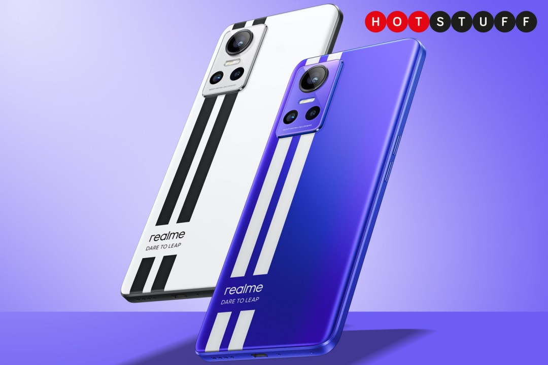 Two Realme GT 3 Neo 150W smartphones on a purple background