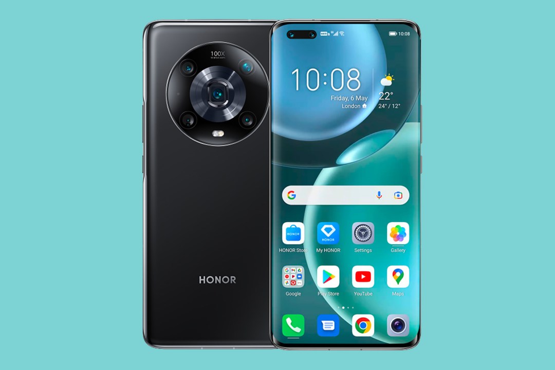Honor Magic 4 Pro front and rear on teal background