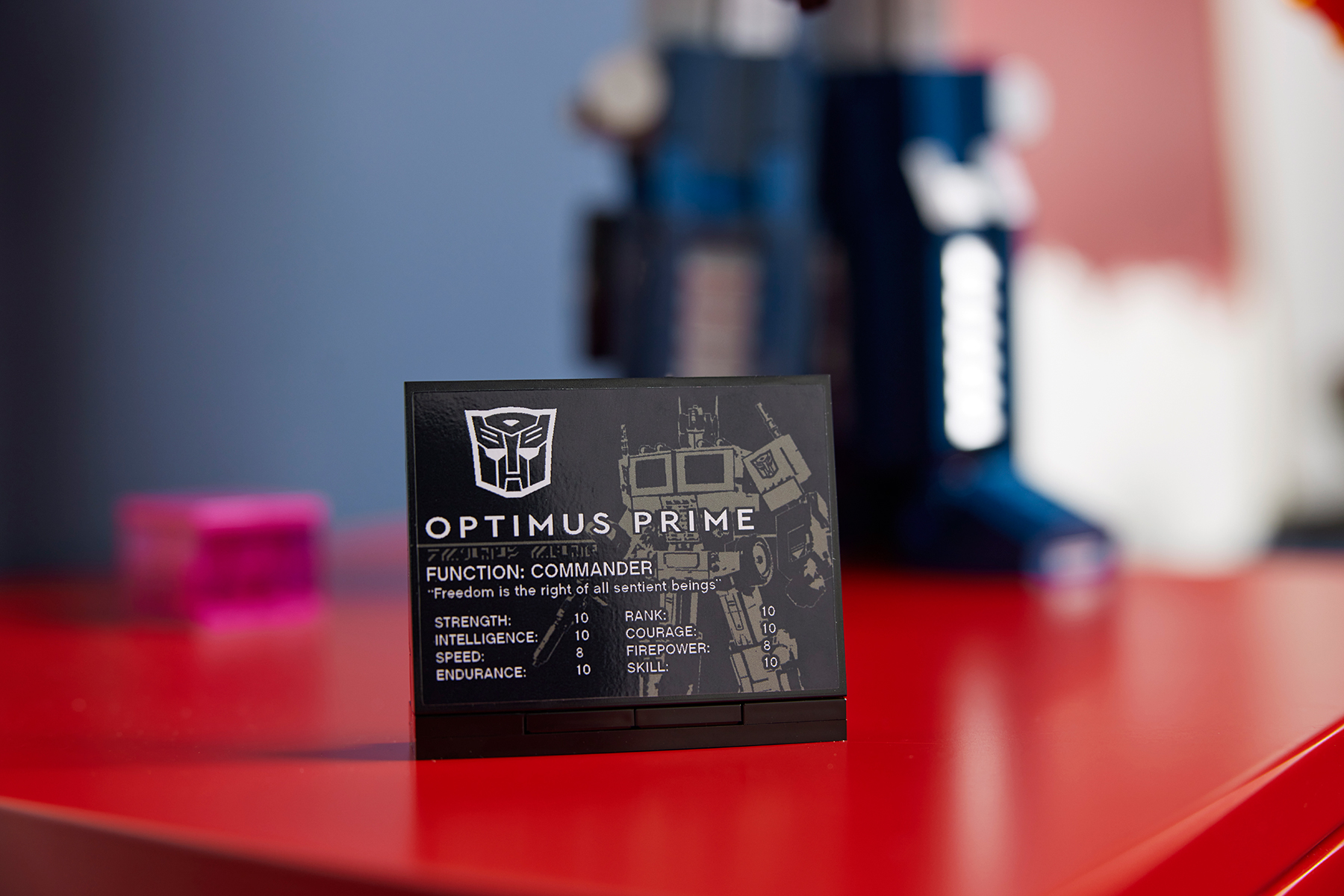 Lego Optimus Prime plaque close-up