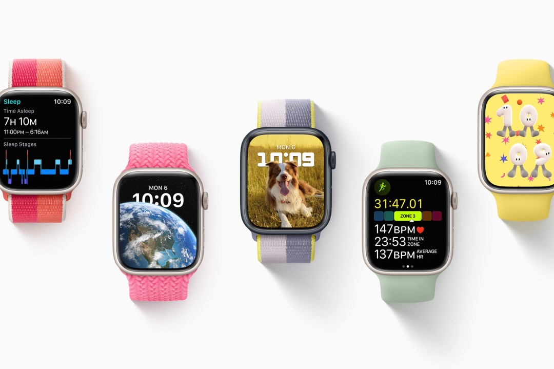 A collection of Apple Watch smartwatches against a white background