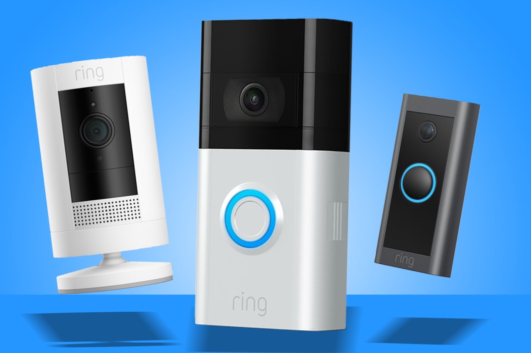 Ring video doorbells on blue background