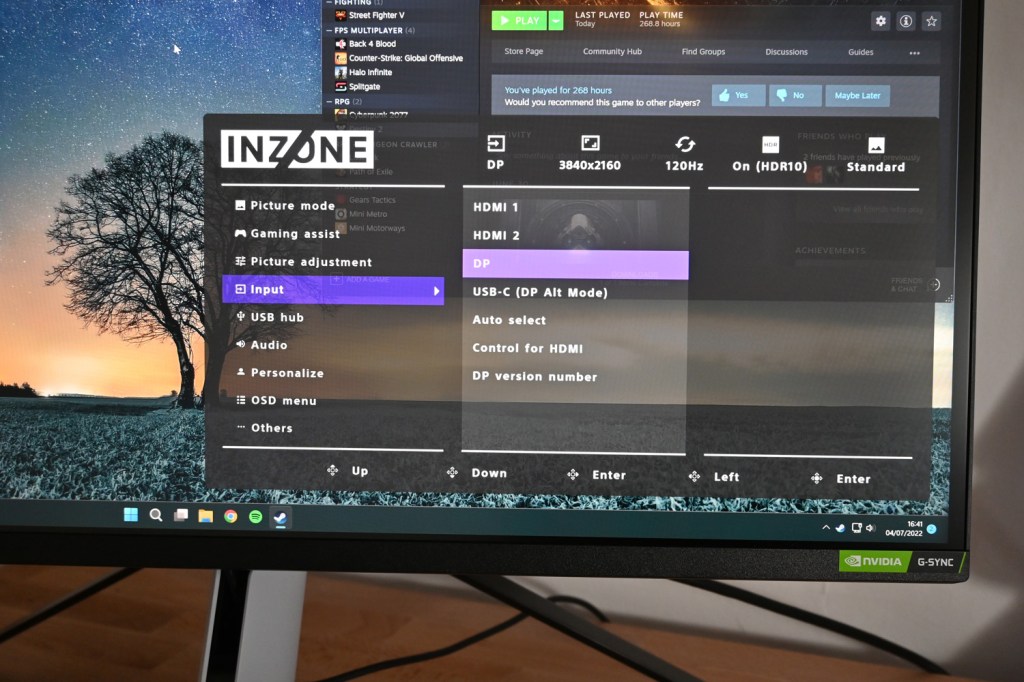 Sony InZone M9 monitor OSD