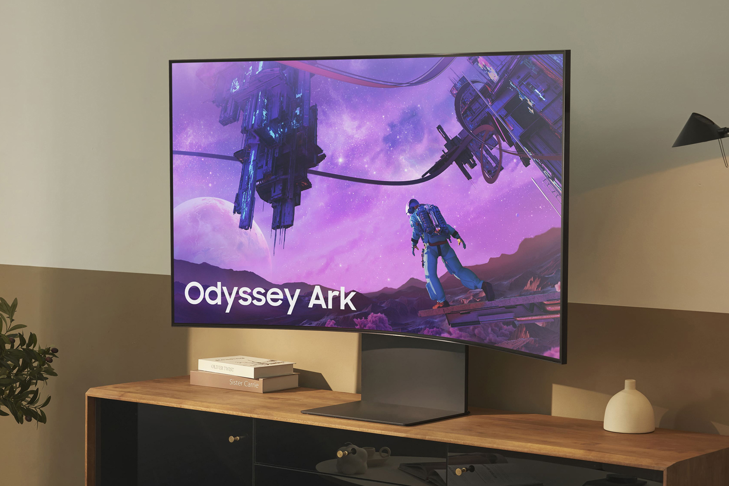 Samsung Odyssey Ark on a TV stand