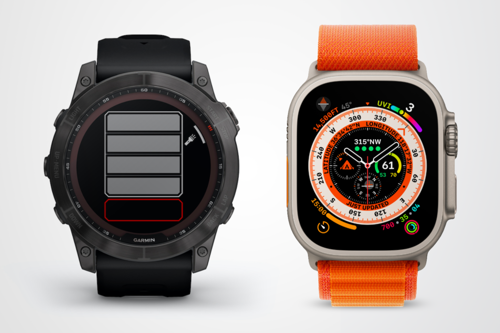 Apple Watch Ultra compared to Garmin Fenix 7 from a front angle