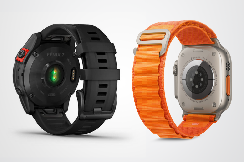 Apple Watch Ultra compared to Garmin Fenix 7 from the back