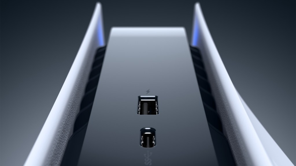 Sony's PlayStation 5 console seen from a low angle.
