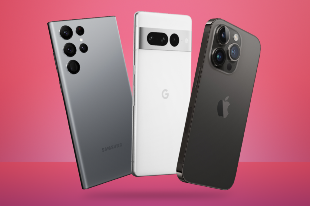 Lead image for best smartphones round-up, featuring the Samsung Galaxy S22 Ultra, Google Pixel 7 Pro and Apple iPhone 14 Pro