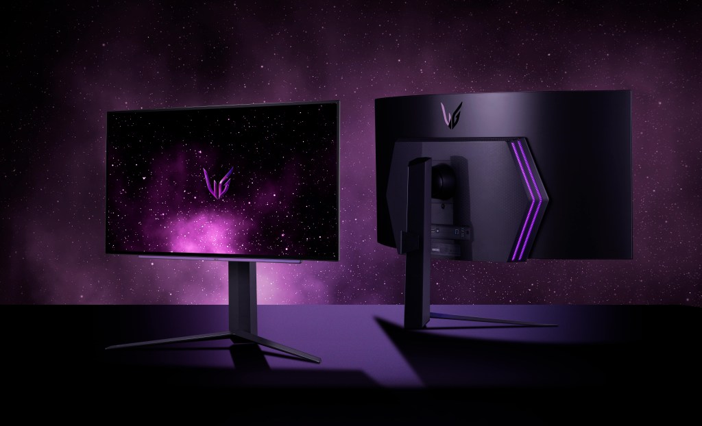 LG's new UltraGear OLED gaming monitors side-by-side against a purple galaxy background