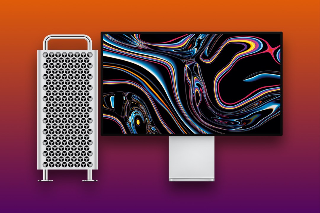 Apple's Mac Pro stood next to Pro Display XDR monitor against an orange and purple background