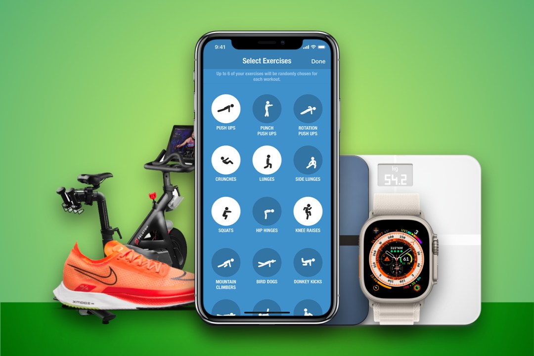 iPhone with a fitness app, and other fitness gear against a green background
