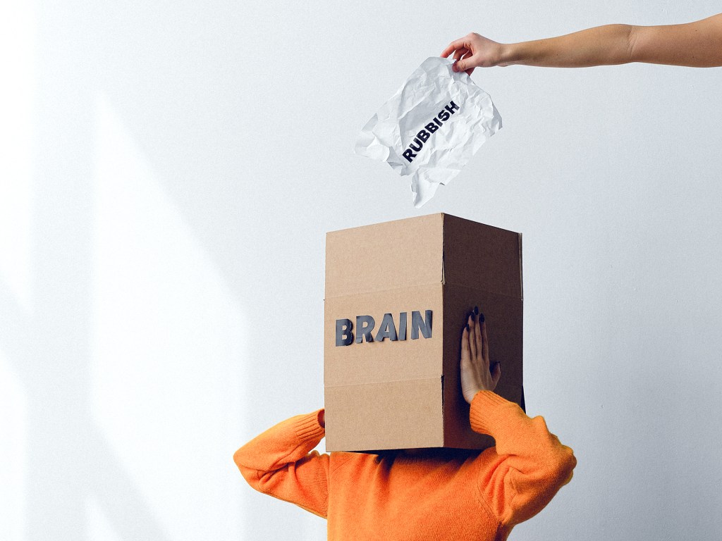 Someone putting a piece of paper marked RUBBISH into a box that says BRAIN