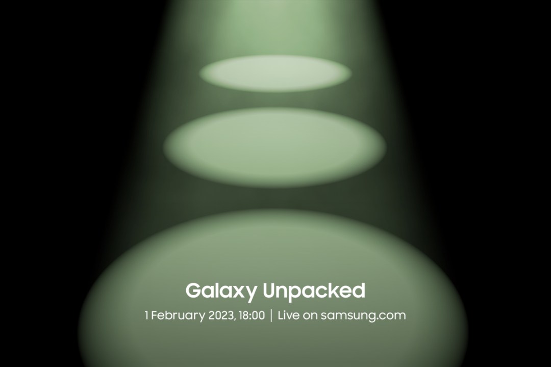 Invite for Galaxy Unpacked February 2023 with green spotlights