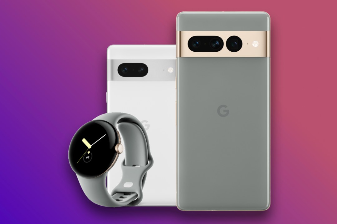 Pixel 7, 7 Pro, and Pixel Watch against pink background