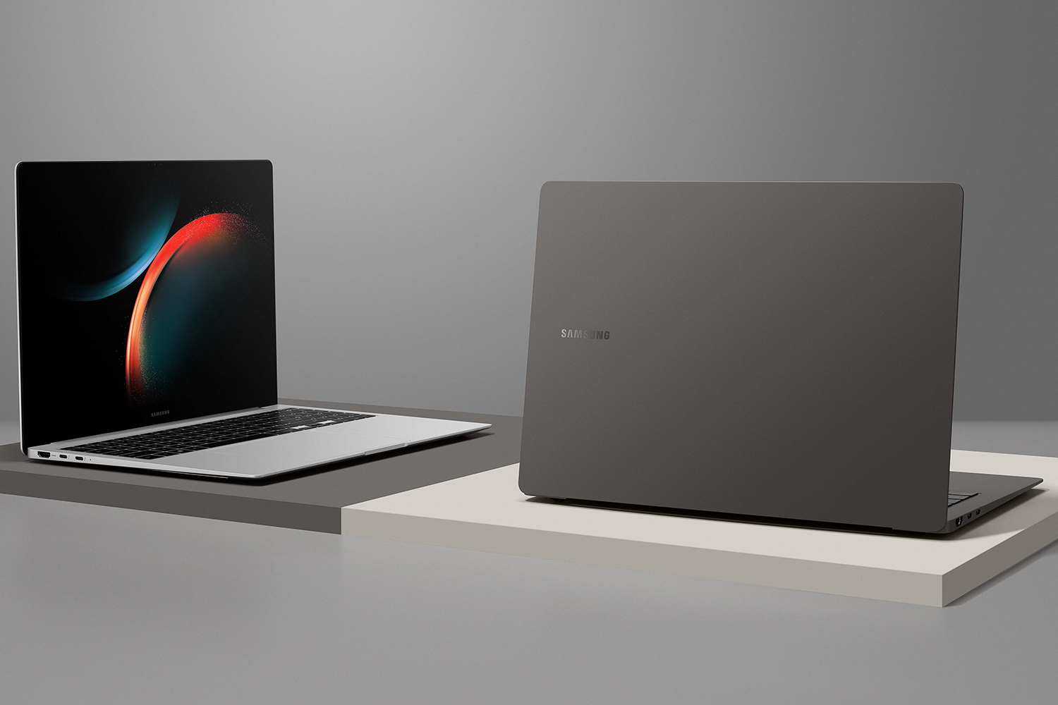Samsung Galaxy Book 3 Pro 14 and 16 on grey background