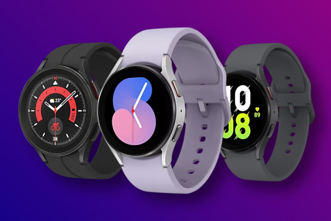All Samsung Galaxy Watch 5 models against purple background
