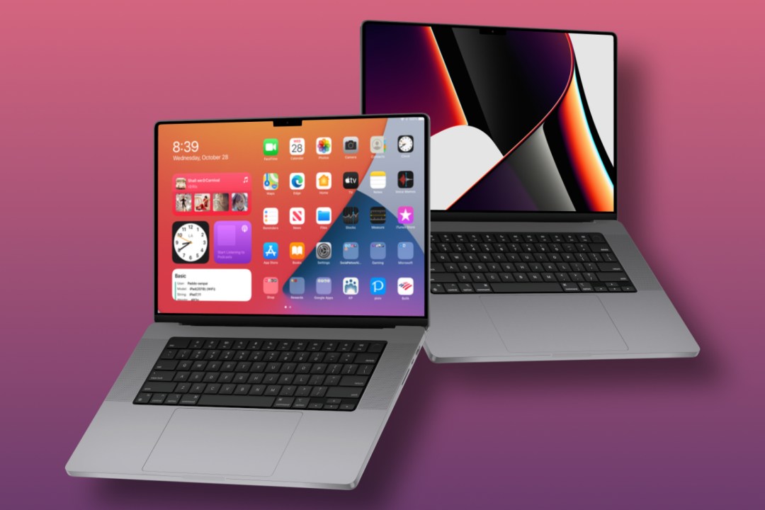 Two 16-inch MacBook Pros against pink background; one with iPadOS, one with macOS