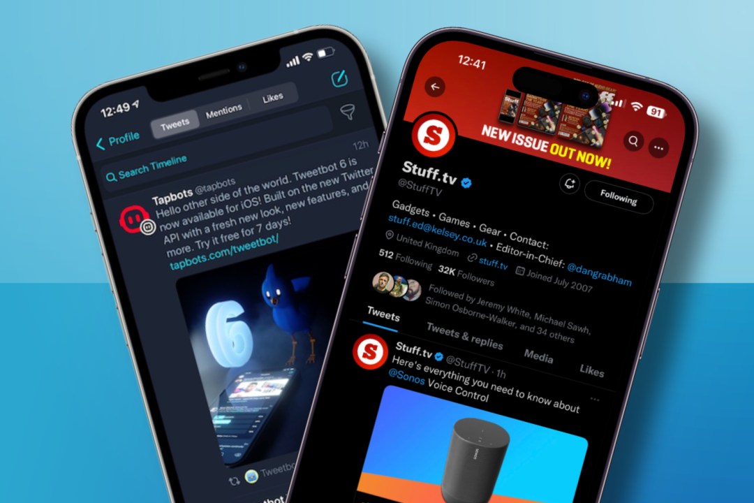 iPhone running Twitter app and iPhone running Tweetbot against blue background