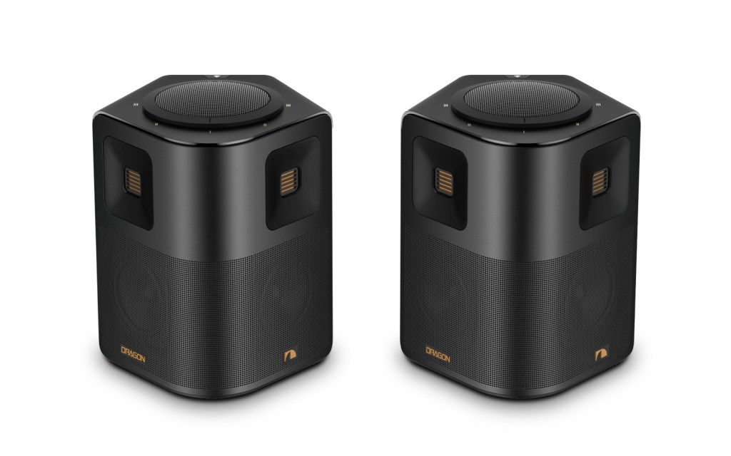 Two black speakers on a white background.