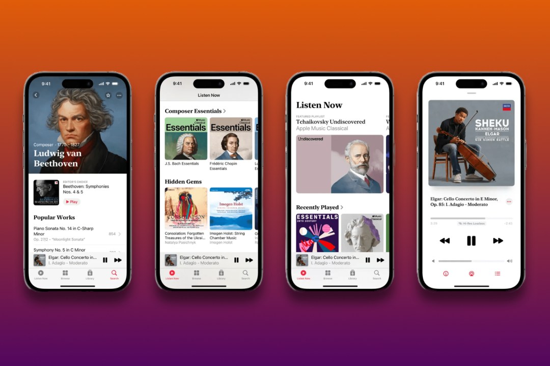 iPhones running new Apple Music Classical app against purple and orange background
