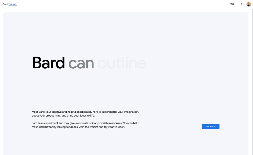 Screenshot of Bard sign-up page