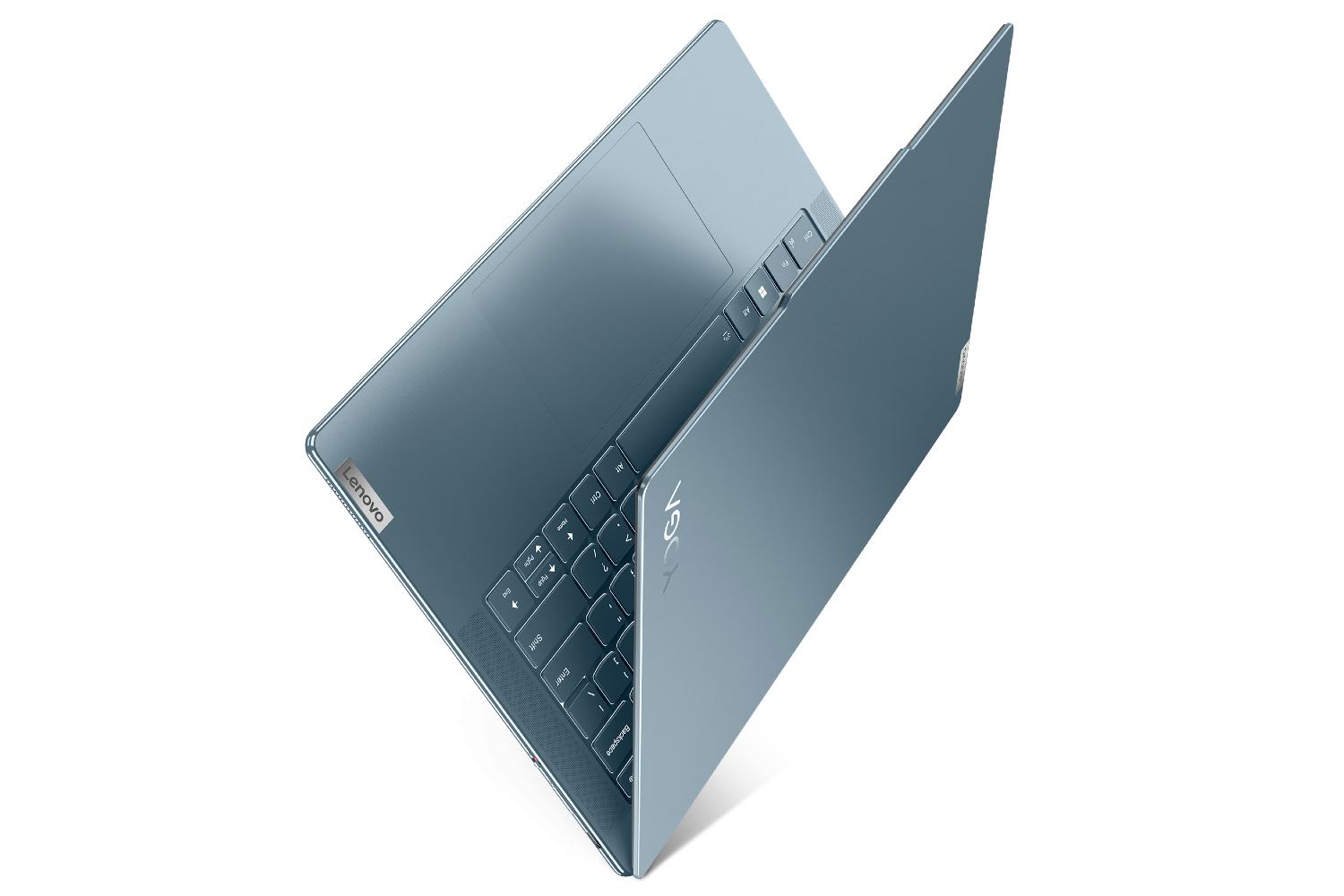 Lenovo Yoga Slim 7 half open on a white background