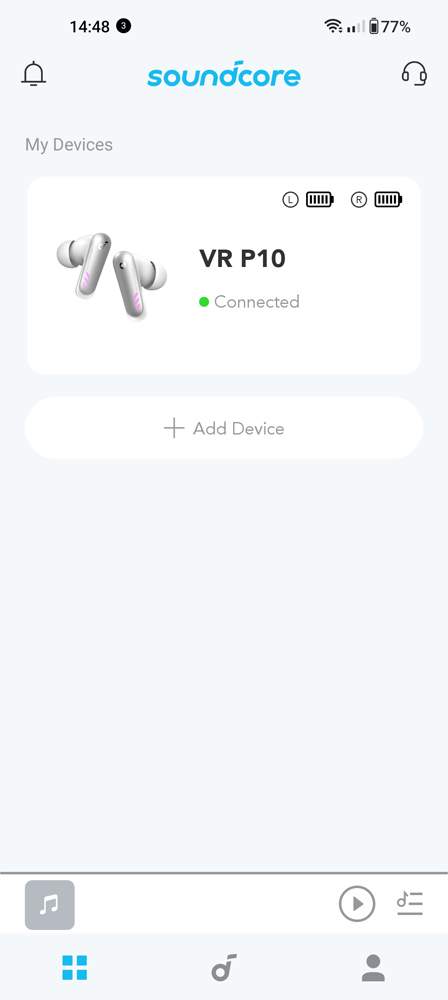 Soundcore VR P10 app homescreen