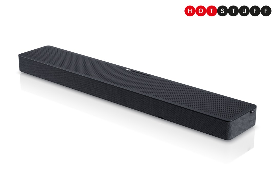 A black rectangular Loewe soundbar on a white background