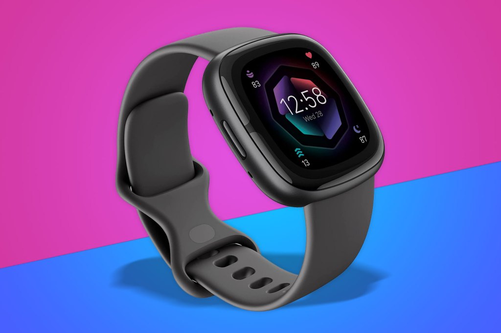 Fitbit Sense 2 on a pink and blue background