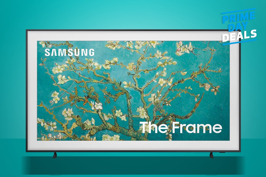 Samsung Frame TV on a green background