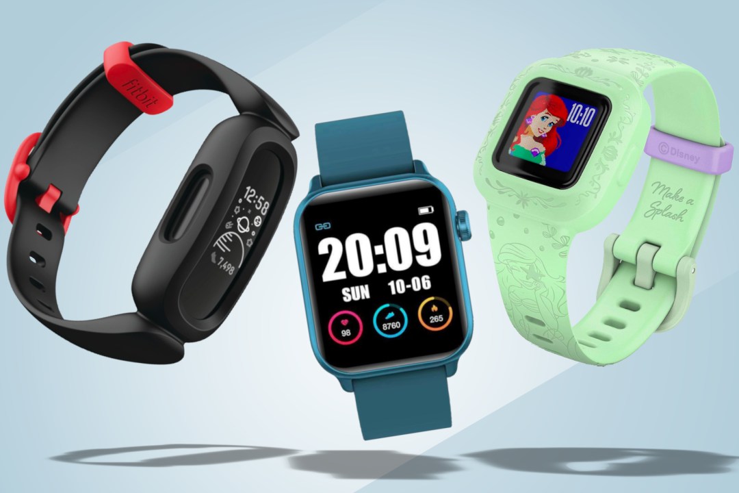 Three of the best fitness trackers for kids, the Fitbit, Garmin and Xplora on a blue gradient background