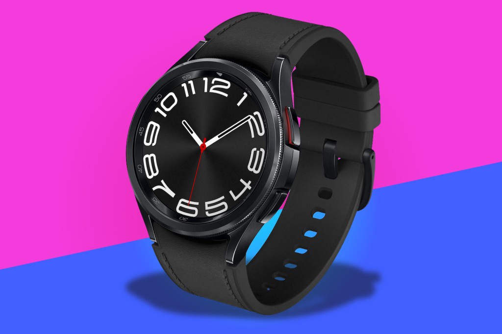 Samsung Galaxy Watch 6 Classic on a pink and blue background