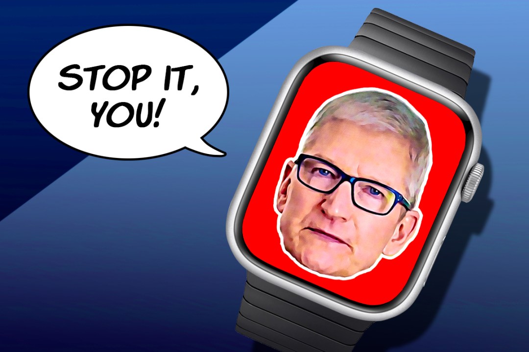Tim Cook cartoon inside an Apple Watch, with speech balloon saying STOP IT, YOU!