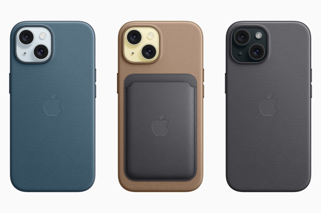 Three iPhone 15s in cases