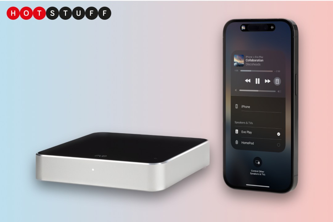 Eve Play smart audio streamer next to iPhone